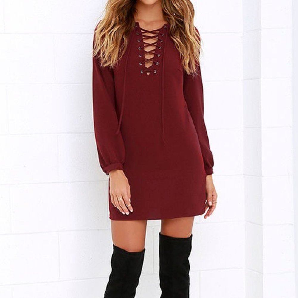 Lulus Up, Up and Away Burgundy Lace-Up Dress
